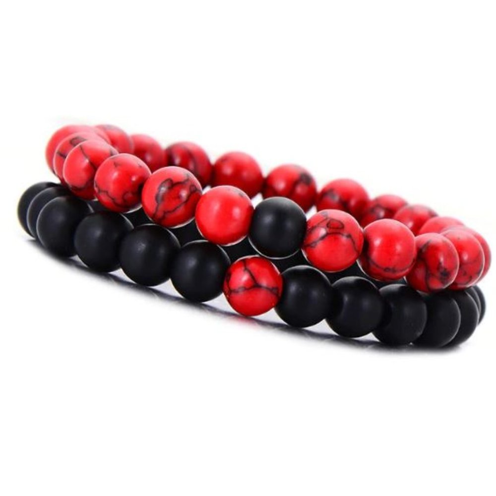 10mm Stackable Red Turquoise and Black Onyx Agate Stretch Bracelet